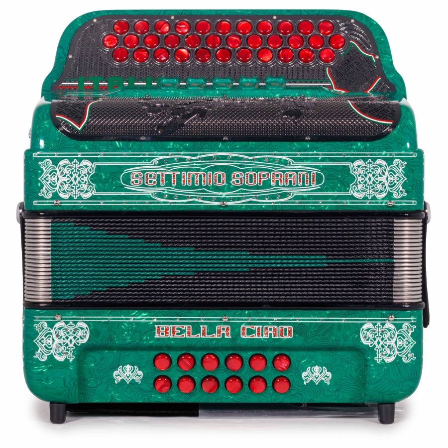 Settimio Soprani Bella Ciao Accordion 5 Switch FBE Celluloid Green Glitter with White and Red Buttons